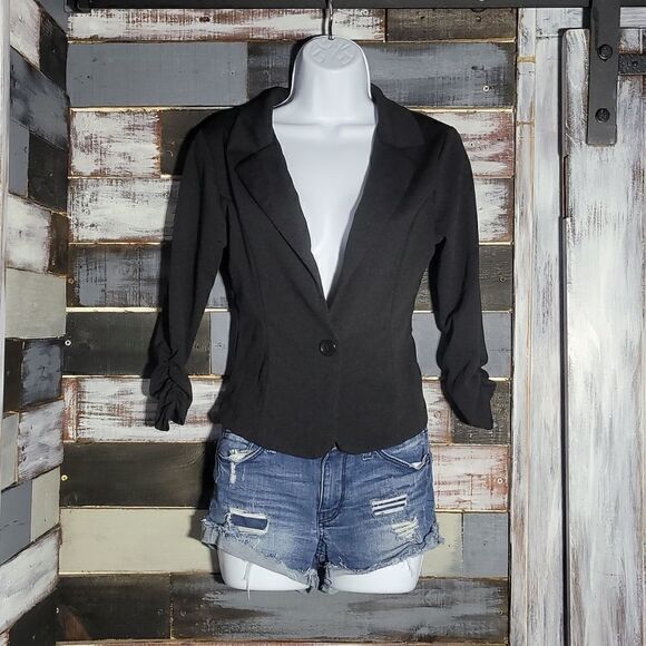 Black Suit Top Ruched 3/4 Length Sleeves Juniors Size Medium - Picture 1 of 6